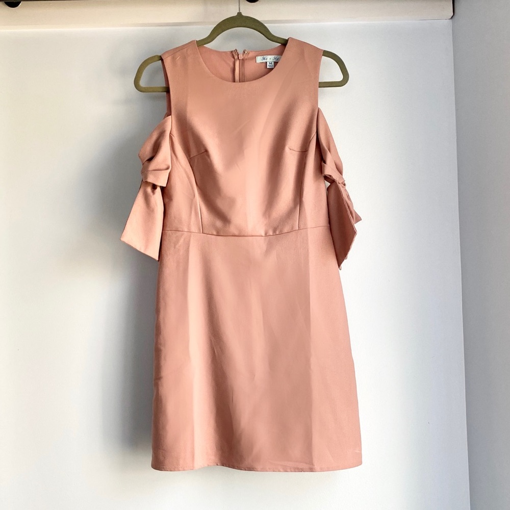 Colder Shoulder Shift Dress with Bow Accent